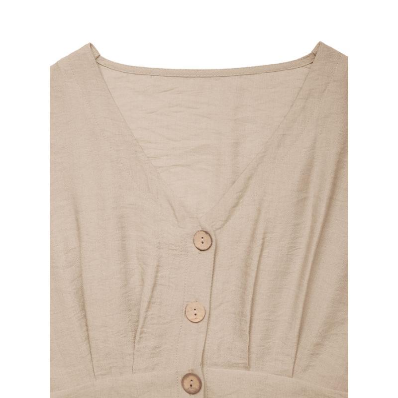 VEZFAA Damenmode Casual Sommer Frühling Einfarbig Druck Kurzarm V-Ausschnitt Hohe Taille Hosen Overalls & Strampler