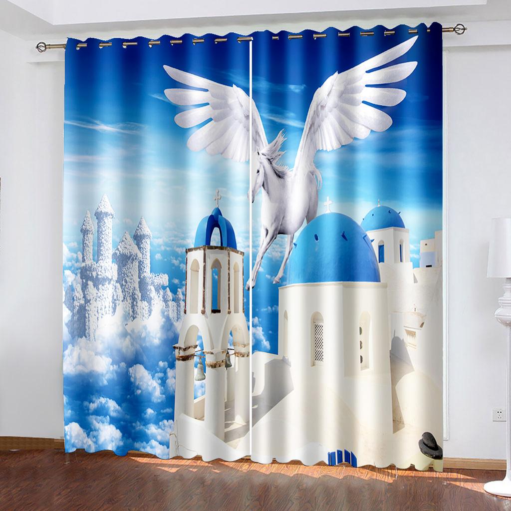 Coastal Scenery Series Deluxe Living Room Bedroom Decoration Sunshade Curtain 2 Pieces of Hook Punch