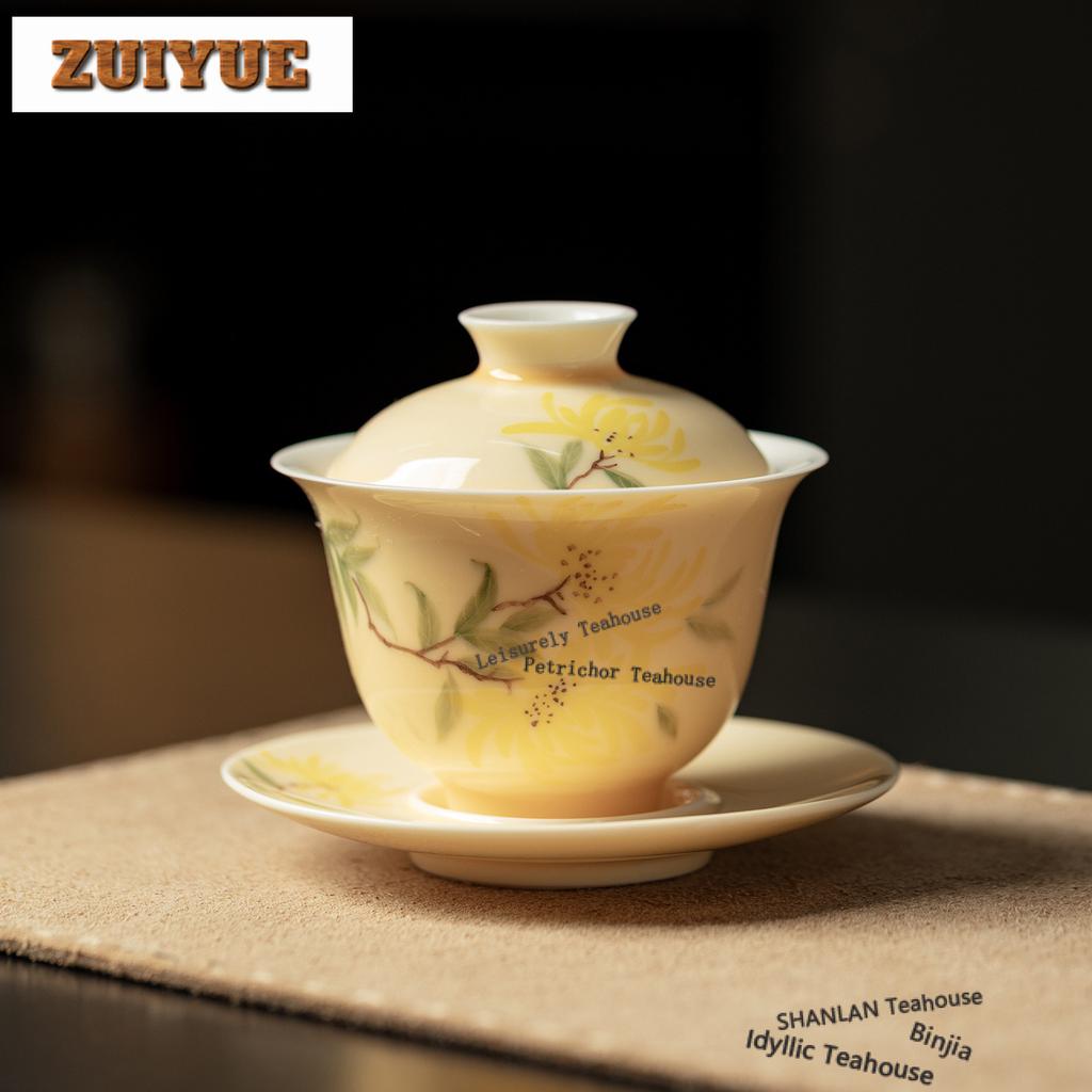 150ml Hand-painted Chrysanthemum Gaiwan Ancient Tea Tureen Tea Bowl With Lid Kit Tea Maker Cover Bowl Teaware Collection