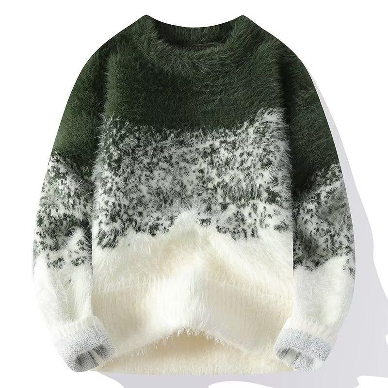 Gradient Soft Fuzzy Knit Sweater Men Round Neck Warm Autumn Winter Pullover