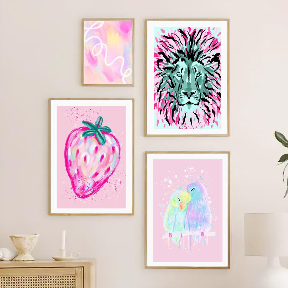 Wild Leopard Lion Strawberry Cherry Orange Vase Pastels Wall Art Canvas Painting And Prints Wall Pictures For Living Room Decor No Frame