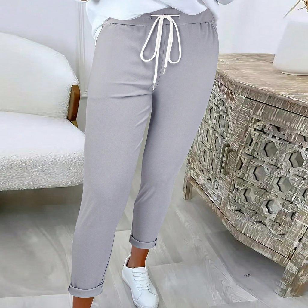 Women's Fashionable Solid Color Drawstring Elastic Waist Pocket Casual Pants