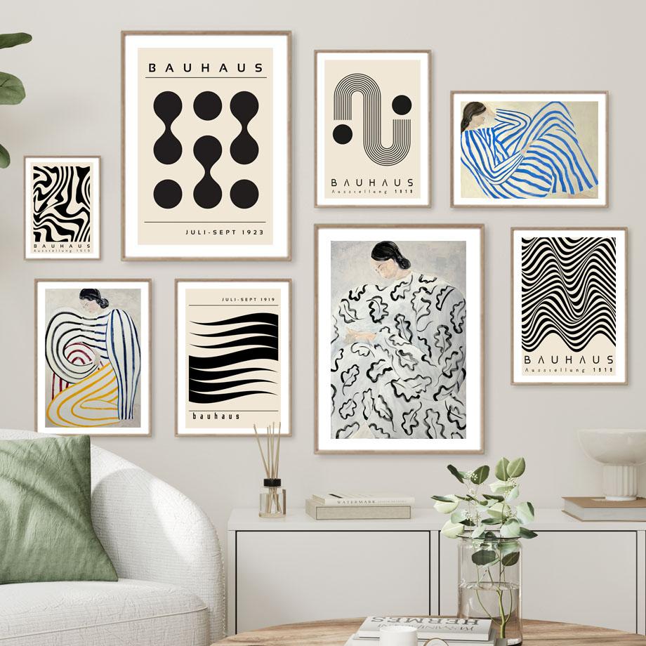 Abstract Striped Girl Bauhaus Geometric Wall Art Posters Prints Picture Vintage Line Canvas Paintings For Modern Room Home Decor