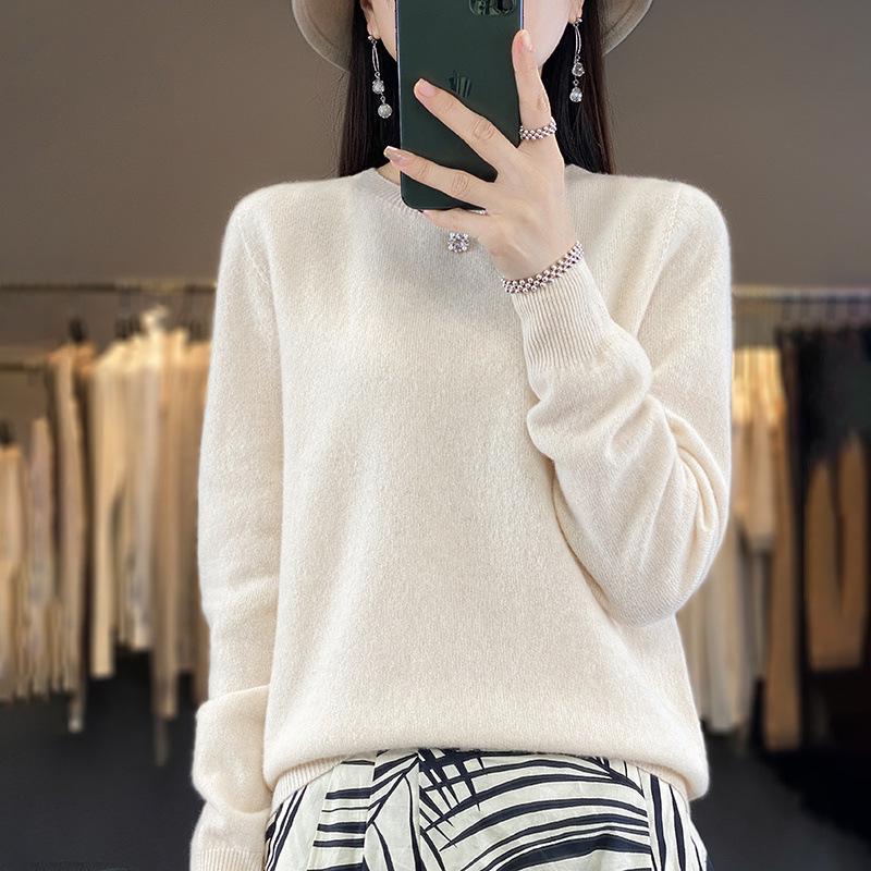 Women's 100% Pure Wool Versatile Round Neck Loose Sweater - Solid Color Knitwear