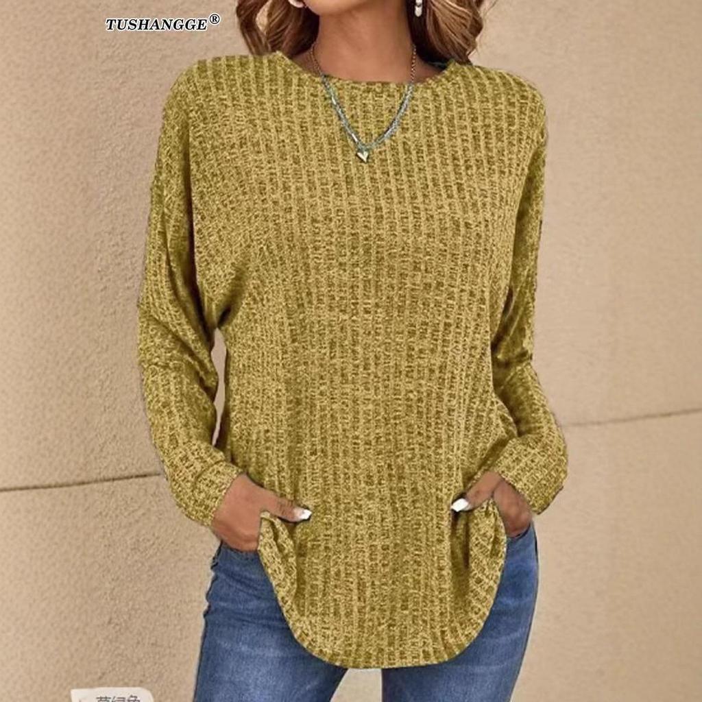 Maglione a Maglia Autunno Europeo 2025 - Girocollo, Costine, Manica Lunga, T-shirt Vestibilità Larga