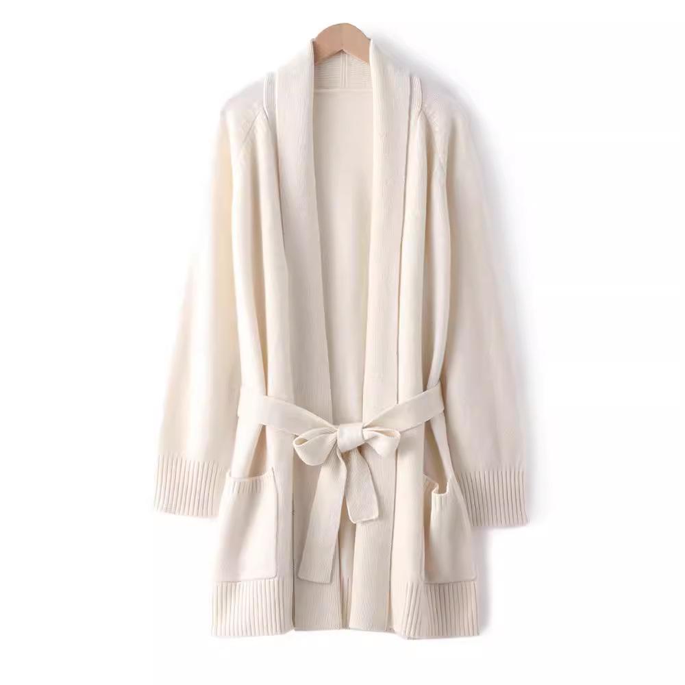 Autumn-Winter Cashmere Knit Women's Long Sleeve Loose Cardigan with Belt