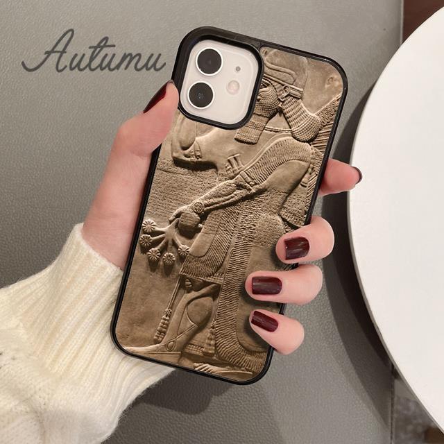 Carving Assyrian Mesopotamian Handyhülle für iPhone 11 12 13 14 Pro Max Mini X XR XS SE 2020 6 7 8 Plus Galaxy S21 S22 Schale