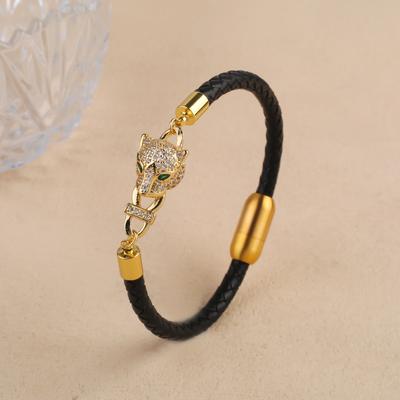 Neues Tierstil-Leopardenkopf-Geflochtenes Lederseil-Armband für Mann Frau Edelstahl Zirkonia Schmuck Tägliches Tragen