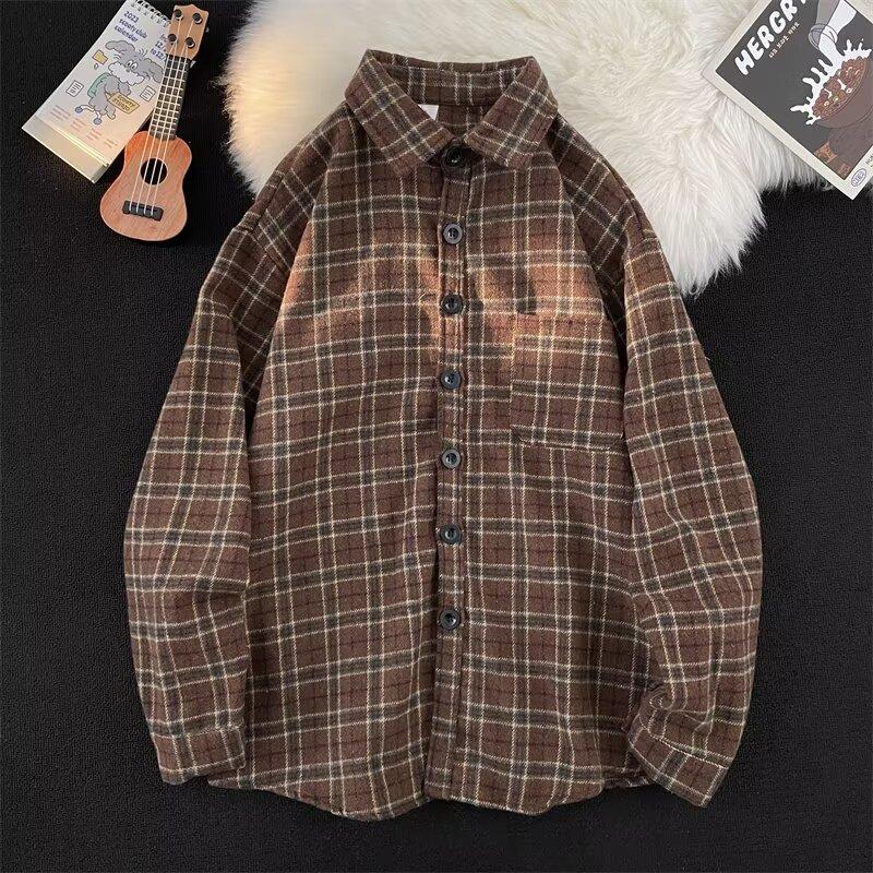2024 Plaid Long Sleeve Shirt Japanese Hong Kong Style Ins Loose Shirt Boys Summer Trendy Versatile Casual Coat