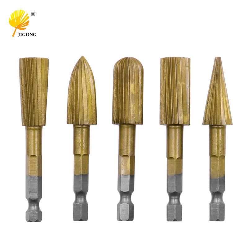 5-Piece High-Speed Steel Woodworking Rotary File Set - 6.3mm Hex Shank, Irregular Shape Files