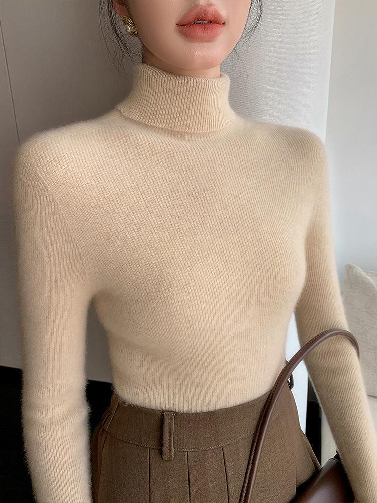 Women's Striped High Neck Wool Sweater - Slim Fit Long Sleeve Knit Base Layer Top