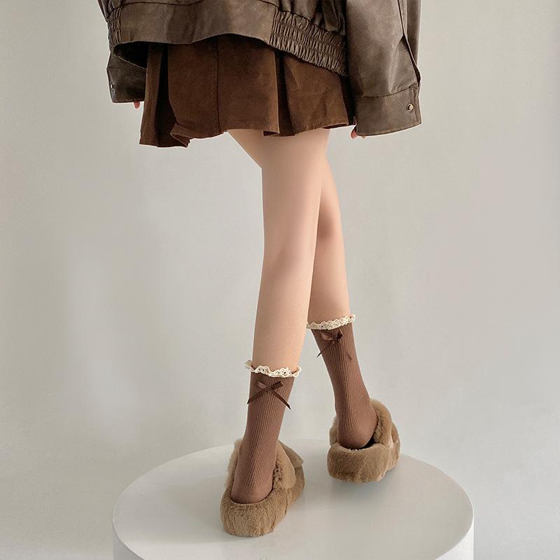 Lace Socks, Cute Mid-calf Lolita Ribbon Bow, White Pile Long Calf, Retro