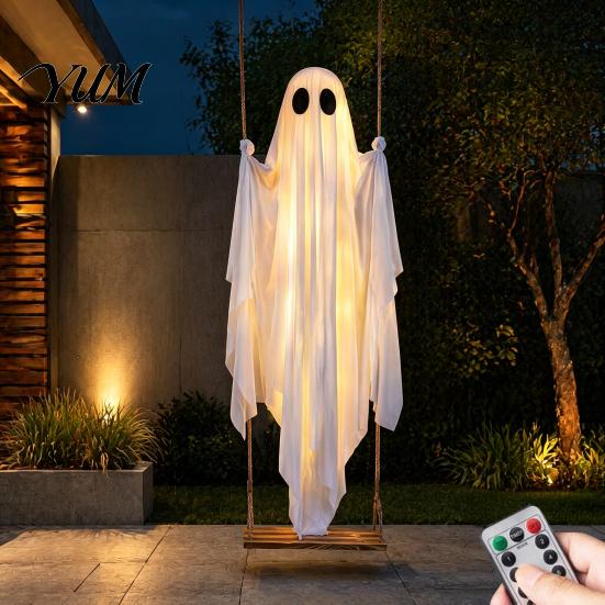 Party-Requisiten für festliche Atmosphäre Große hängende Schaukel Geist Halloween-Dekoration mit Fernbedienung und Schnur Gartenornament Warme Lichter