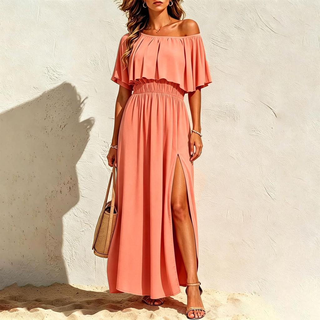 Damen schulterfreies farbiges Strandkleid mit elastischer Taille