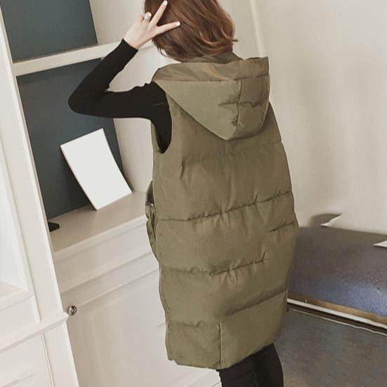 Dámská péřová vesta se stojáčkem, silný dlouhý kabát bez rukávů s kapucí, prošívaná puffer bunda na zip