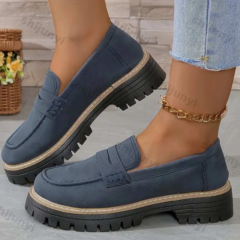 Damen einfarbige Plateau-Loafer Schuhe Frau 2026 Frühling Herbst Neu Britischer Stil Flache Schuhe Bequeme Dicke Sohle Slip-on Schuhe