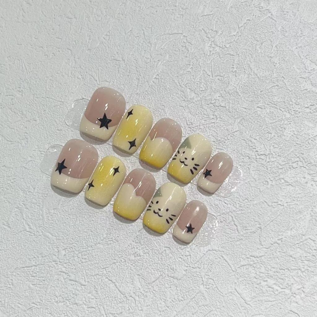 Cute Cartoon Pure Hand-wearing Armor Short Armor Piece Hand-painted Cat French Ins Style Armor Piece Manicure