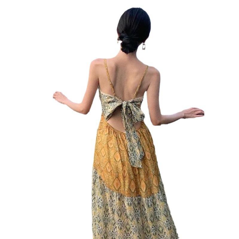 Summer New Vacation Loose Thin Suspender Long Skirt Collar Printing Layered Splicing Temperament Floral Dress Women