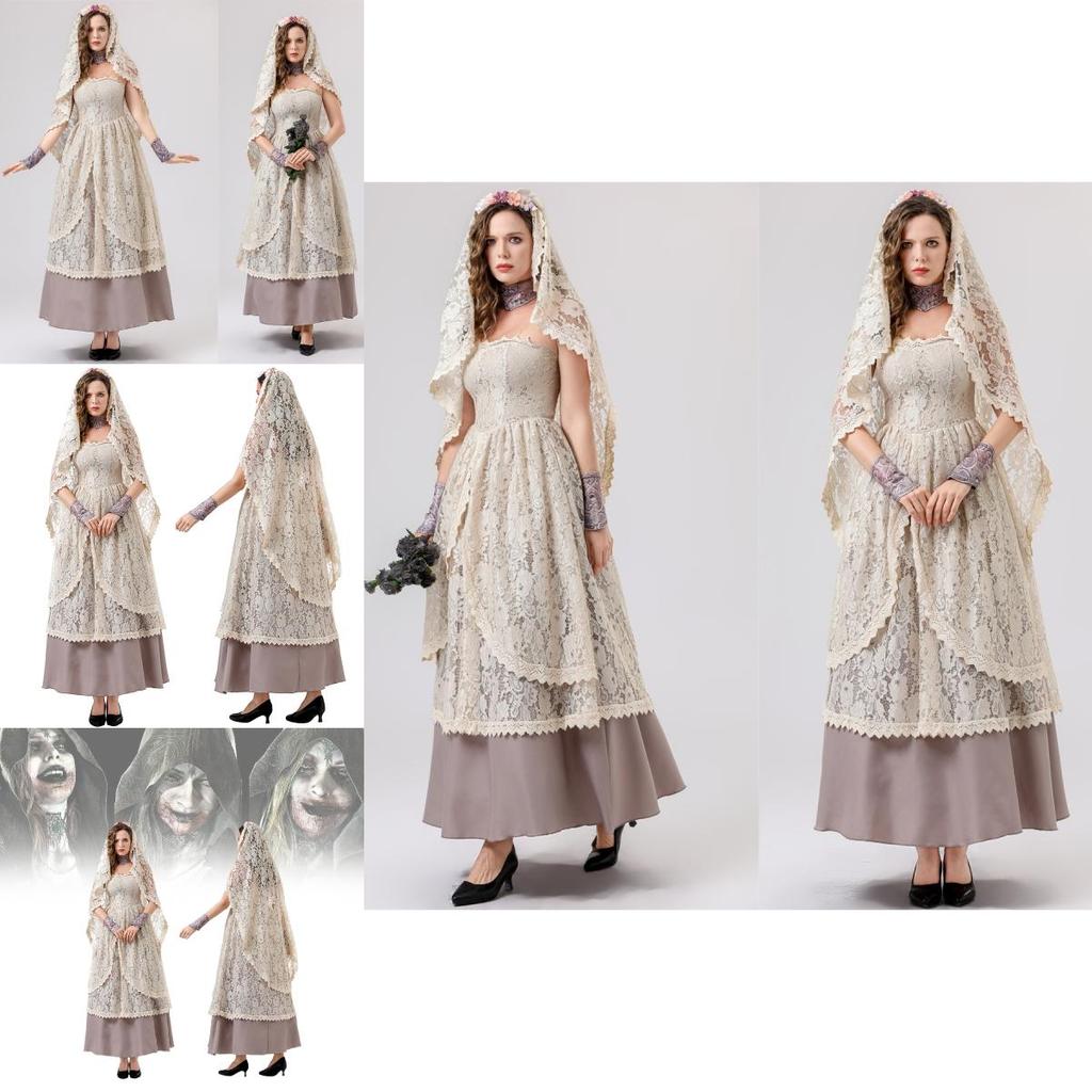 Chic Lace Long Gown With Hood And Accessories For Halloween Female Costume