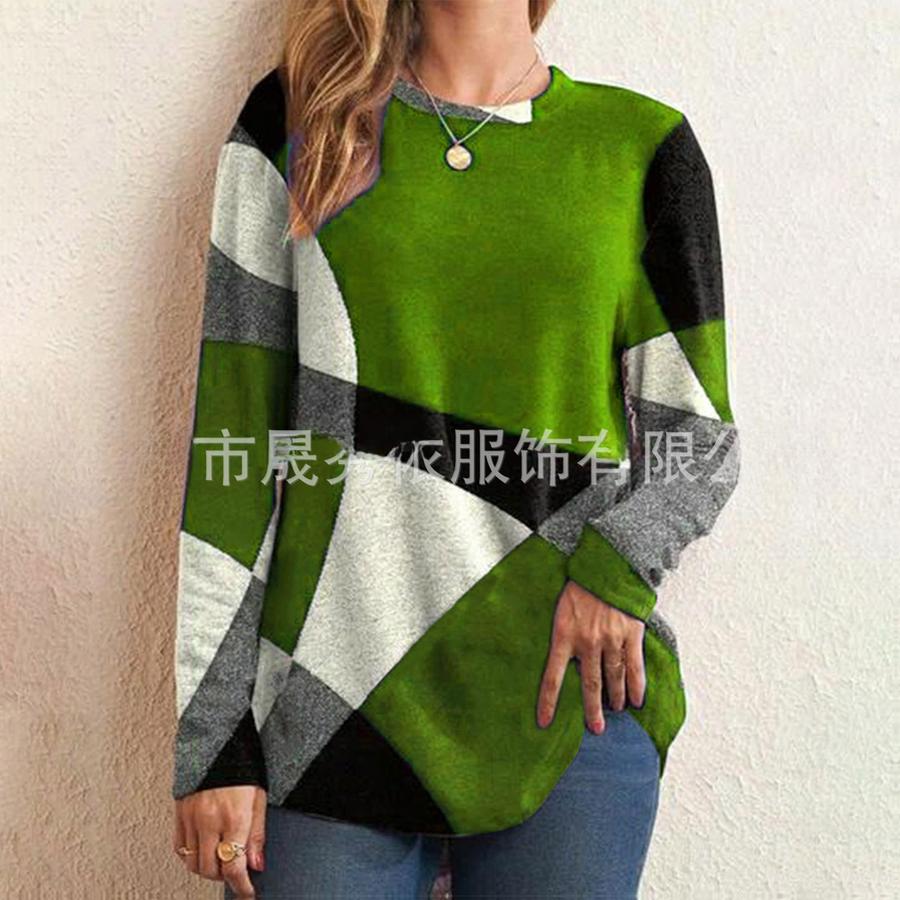 Spring Casual Geometric Color Block Wool Long Sleeve Printed Loose T-Shirt Women Top