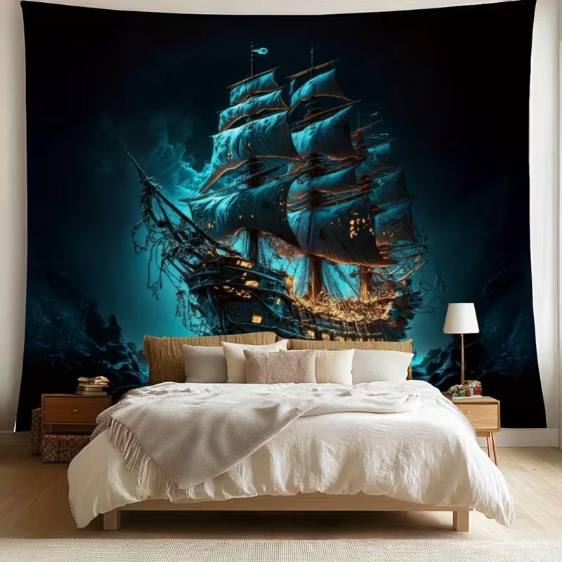 2D Nautical Gothic Tapestry, Haunted Pirate Ship for Room & Party Decor