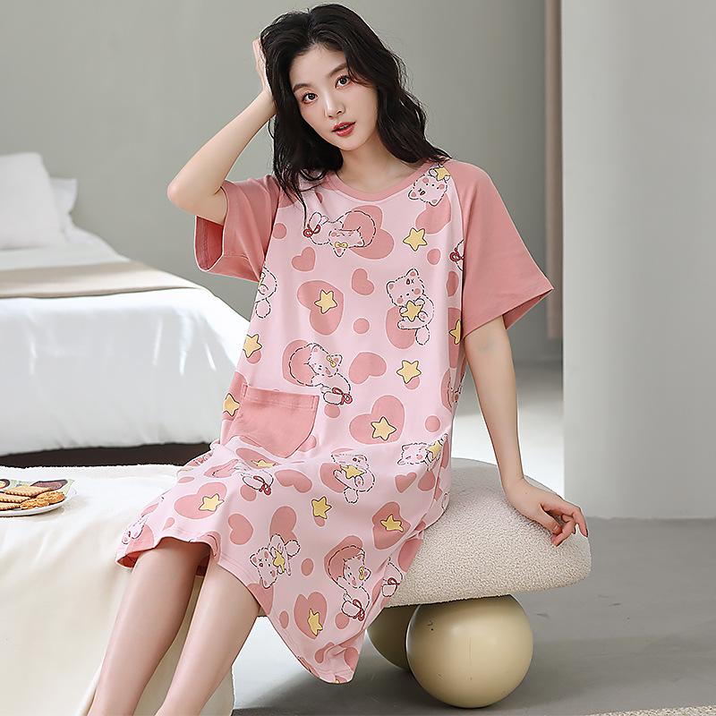 Women's Summer Korean-Style Pure Cotton Short Sleeve Loose Mid-Length Nightgown Pajamas for Home or Casual Wear
