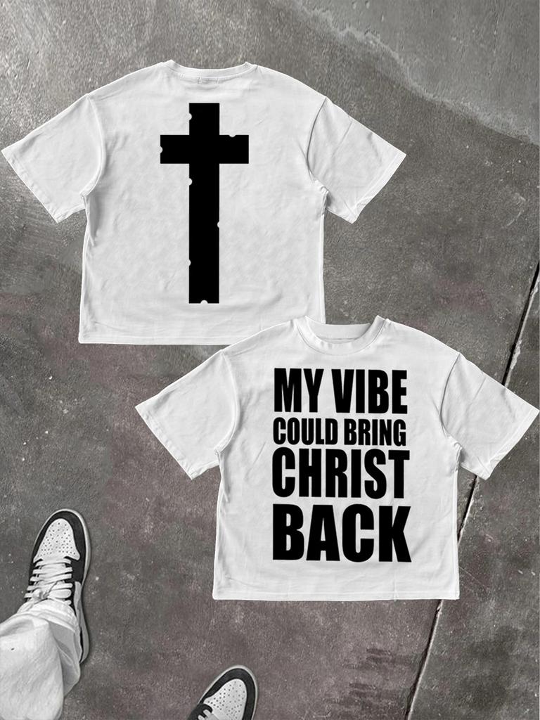 T-shirt a maniche corte con motivo a lettere retrò, fronte e retro, versatile, urbana, Y2K, top, estetica rock gotica, punk, casual, uomo, donna