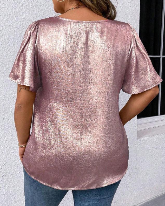 T-shirt Manches Courtes Uni Col en V Coupe Ample pour Femme Printemps/Été 2026