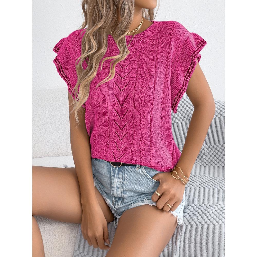 Women's Spring Summer Casual Hollowed Out Twist Clashing Colour Wooden Ear Trimmed Holiday Knitwear