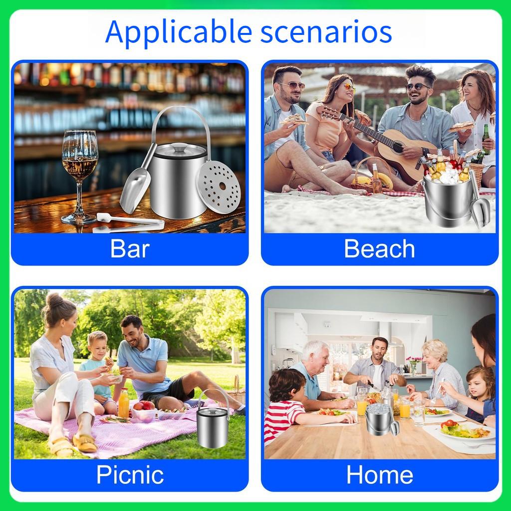 2L Large Capacity Ice Bucket Container Stainless Steel Ice Cube Bucket Double Wall Insulated Ice Bucket