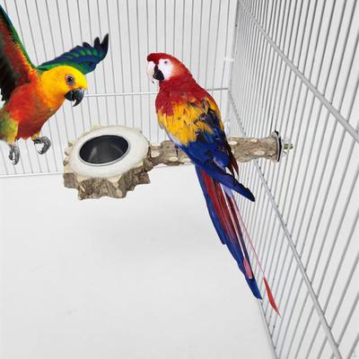 Percha para pájaros con plato de alimentación de acero inoxidable, soporte de plataforma, soporte de madera para