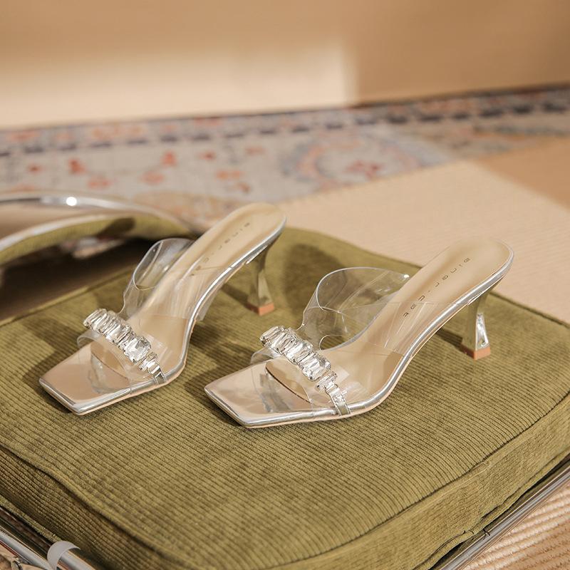7312 [Sheepskin] Summer slippers women's outer wear 2025 new versatile transparent rhinestone stiletto semi-slippers