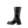Frühling und Herbst Neue Dicke Ferse Dicke Sohle Mittelhoher Schaft Skinny Stiefel Damen Weiße Martin Stiefel Gürtelschnalle Ritterstiefel