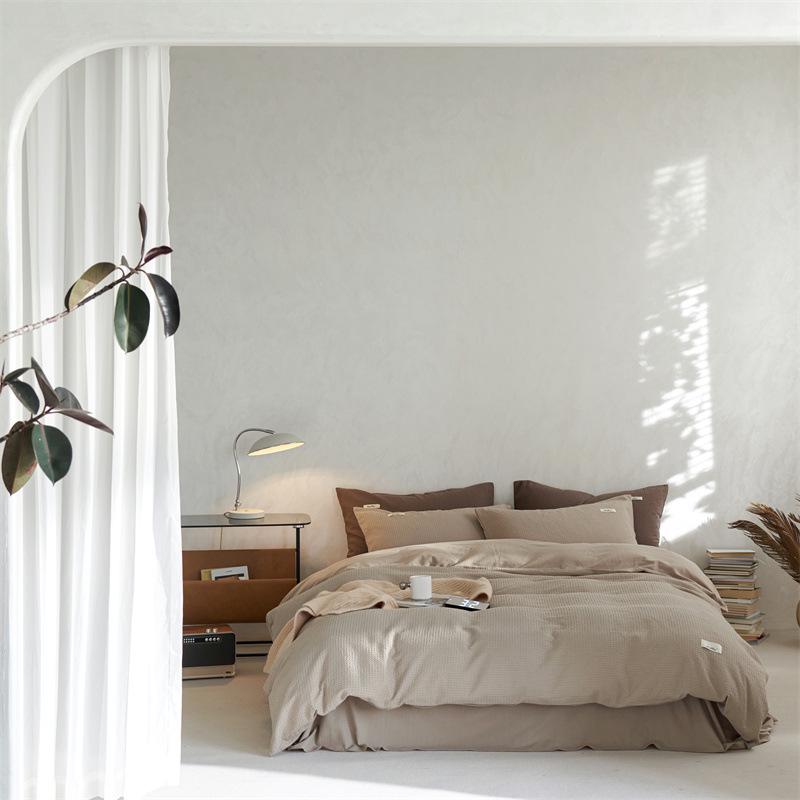 Waffle Weave 4-Piece Set: Modern Style, 60s Pure Cotton, Solid Color Bed Sheets, Pure Cotton Duvet Cover, Light Luxury Bedding