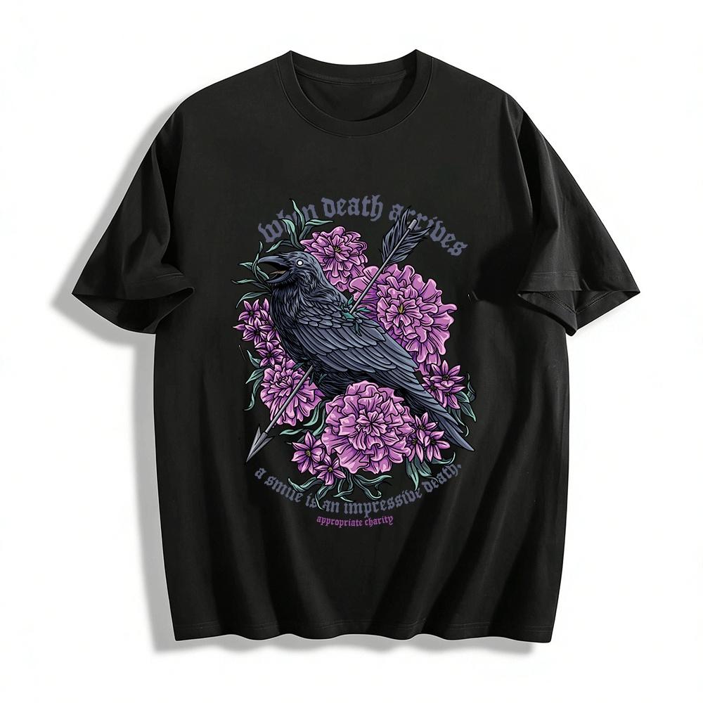 Dark Crow Floral Print Top Death Themed Trendy T-Shirt Pure cotton T-shirt XXS