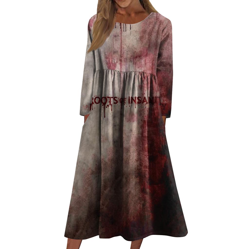 Women's Casual -neck Halloween Print Mid-length Dress Long-sleeved Dress With Pocket