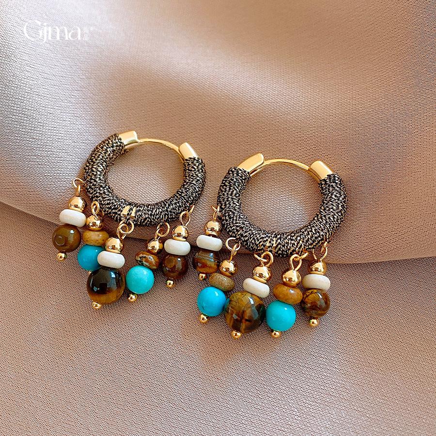 Ethnic style retro stone beaded tiger's eye stone fringed earrings ear buckles personalized earrings women