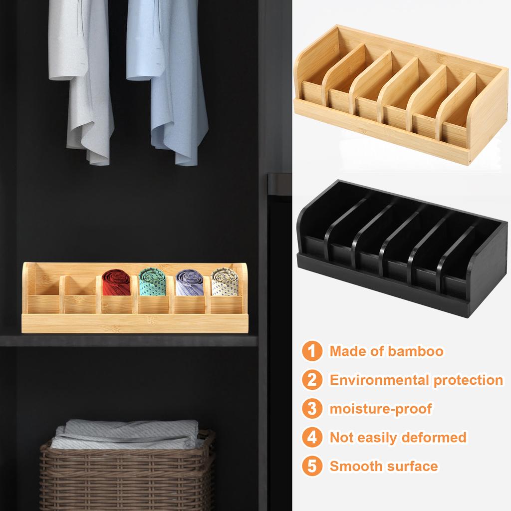 Natural Bamboo Belt Organizer 6-Grids Closet Belt Storage Rack Save Space Multipurpose Drawer Tie Purse Storage Displayer Holder