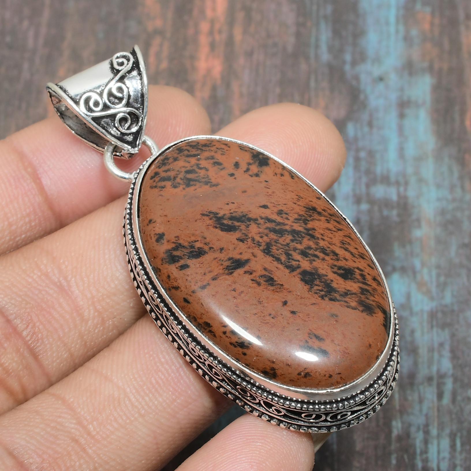 

Кулон из стерлингового серебра 925 пробы с драгоценными камнями из красного дерева и обсидиана ручной работы для нее