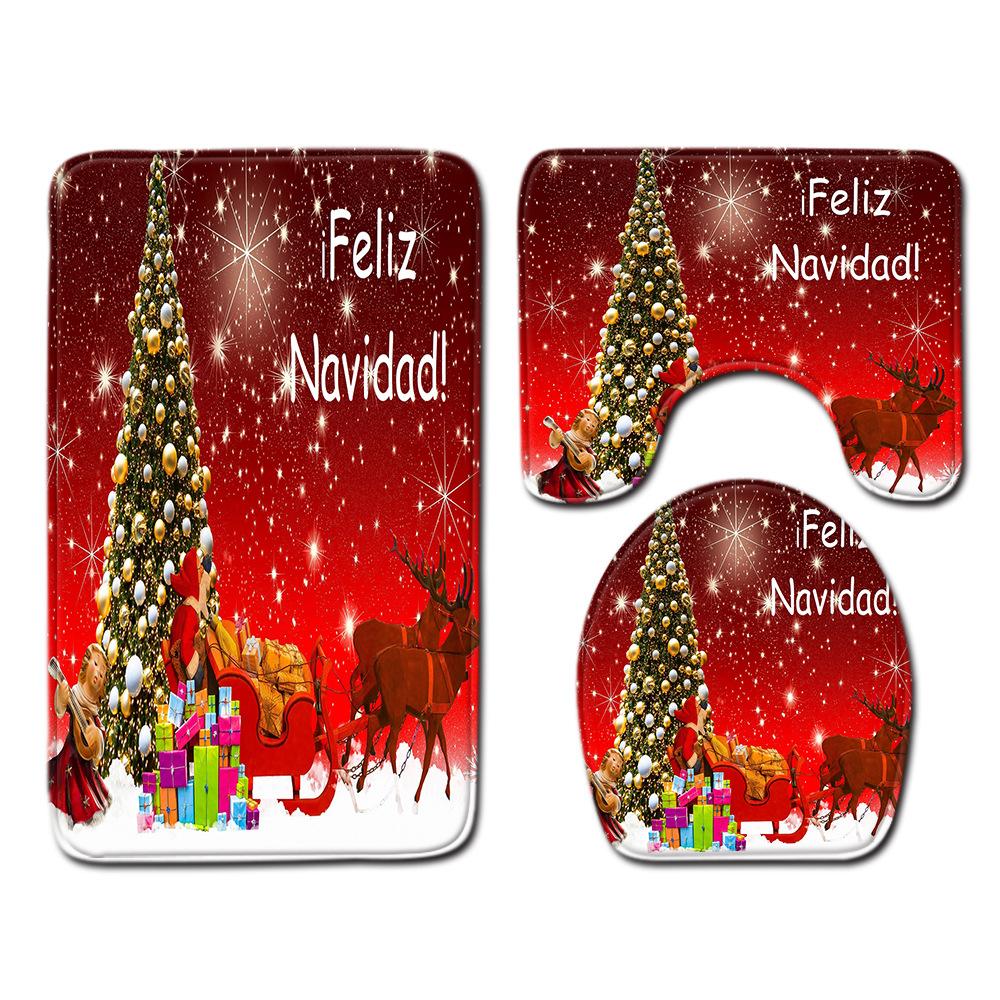 Christmas Bathroom Non-Slip Doormat Bathroom Waterproof Shower Curtain Toilet Floor Mat Four-Piece Shower Room Absorbent Carpet