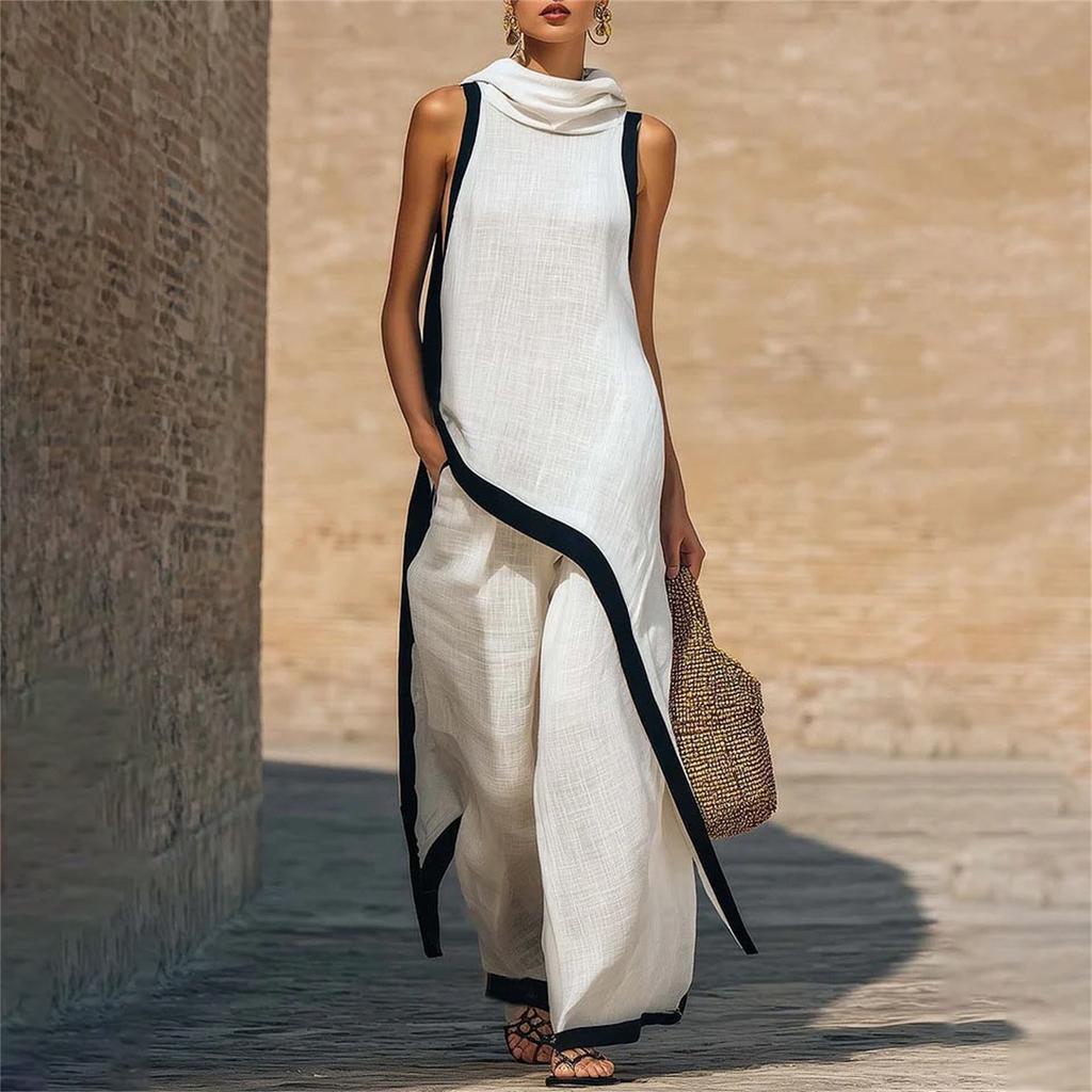Women's Fashionable Casual Asymmetrical Hooded Sleeveless Top And Pants Two-Piece Set