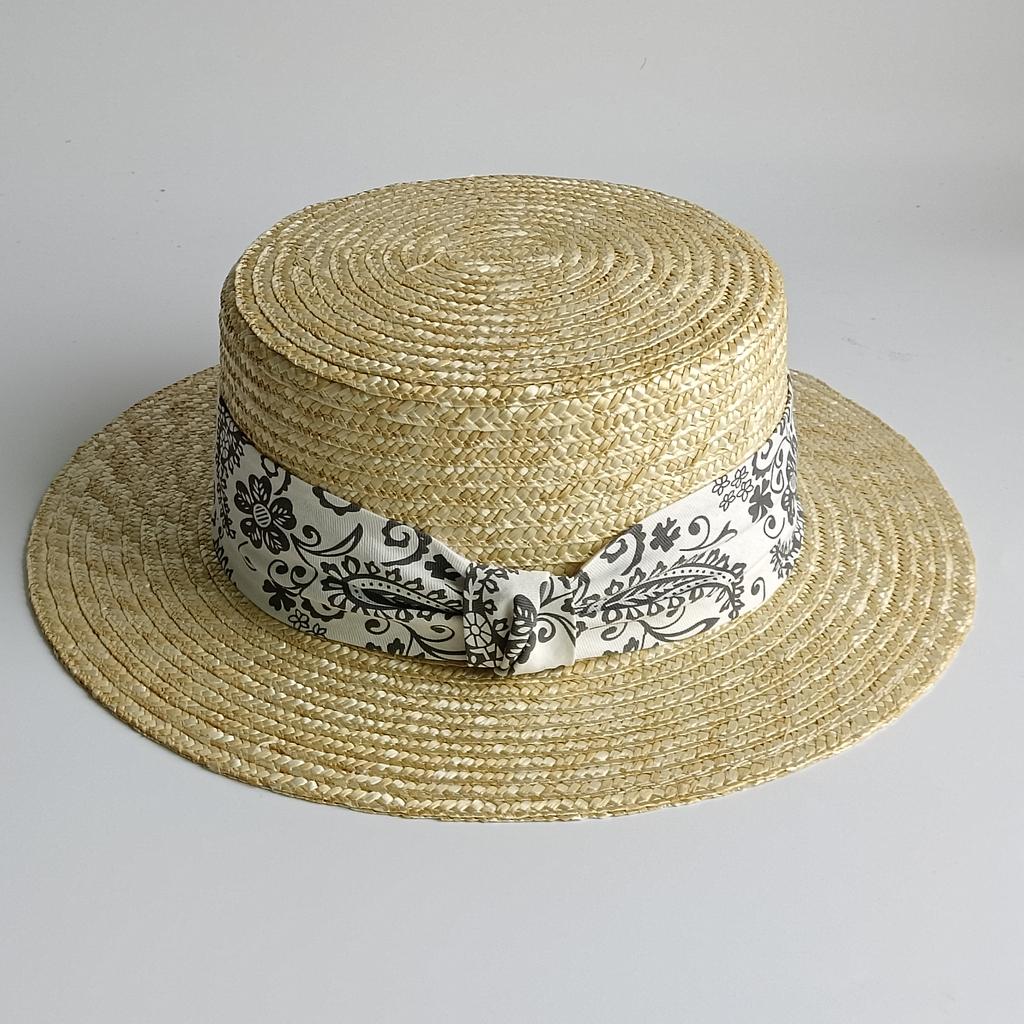 Women's Flat-Top Straw Hat with Wide French Style Ribbon Stylish Summer Sun Protection & Beach Hat Sun Hat