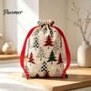 Large Holiday Gift Pouches Christmas Tree Print Drawstring Bags, Faux Linen Xmas Treat Bag, Festive Ornament Storage Reusable Candy & Apple Pouch for