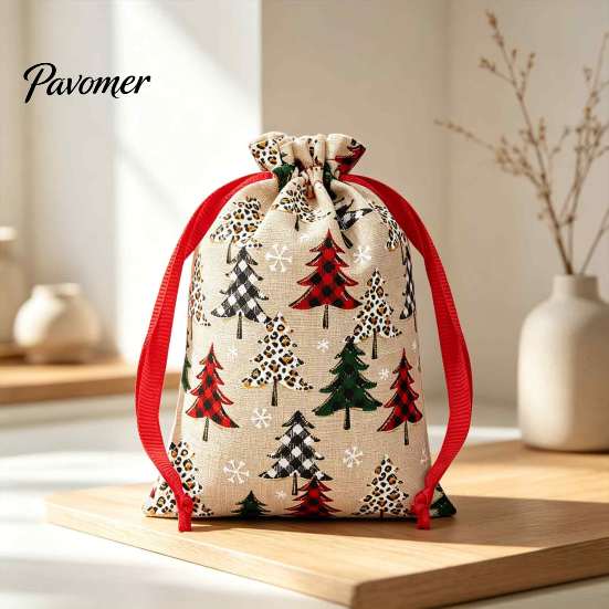 Large Holiday Gift Pouches Christmas Tree Print Drawstring Bags, Faux Linen Xmas Treat Bag, Festive Ornament Storage Reusable Candy & Apple Pouch for