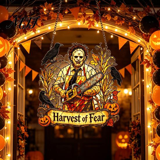Gothic Porch Hanging Signs Halloween 2D Horror Window Decor, Acrylic Glowing Suncatcher with Outdoor Waterproof Party Supplies Ghost Tree Pumpkin,