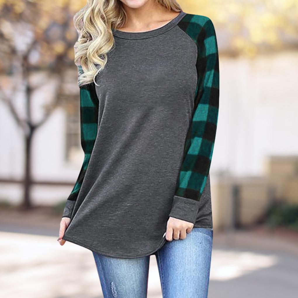 Damen T-Shirt Rundhals Langarm Splicing Karomuster Casual Oberteil