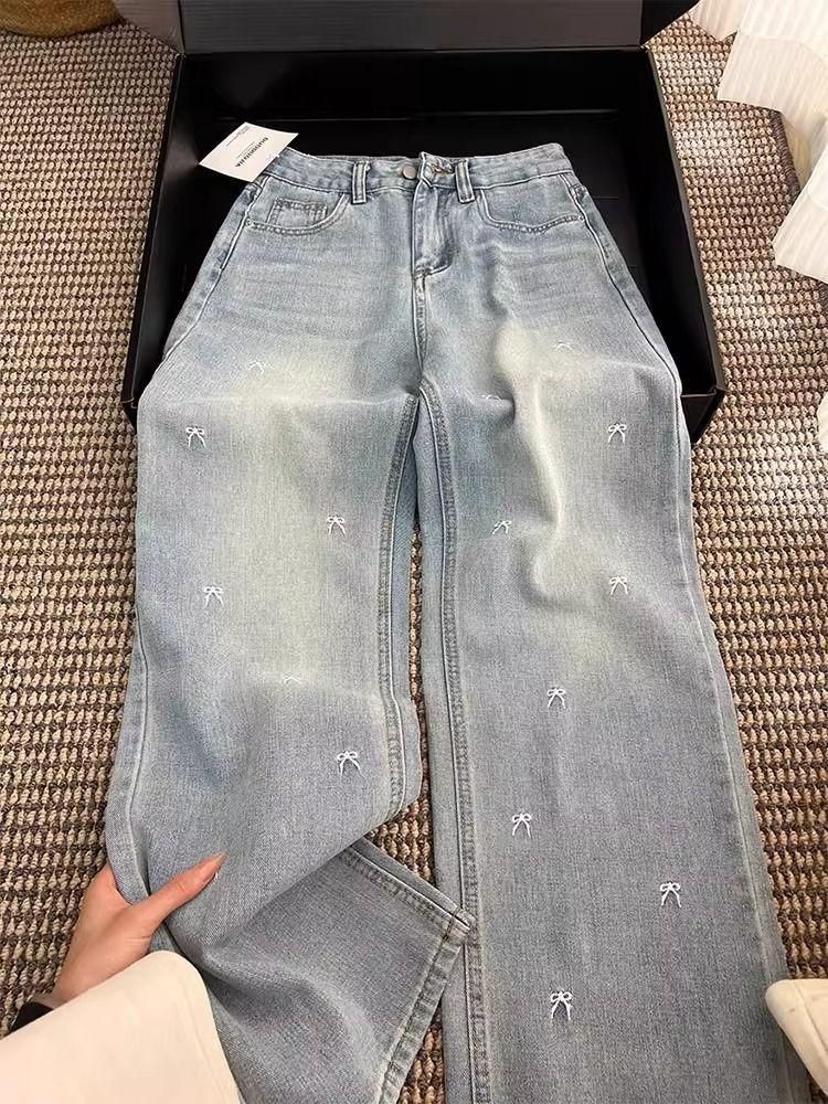 Women's Plus Size Light Blue High-Waist Straight Leg Jeans with Bow Embroidery - Summer Slimming Wide Leg Pants