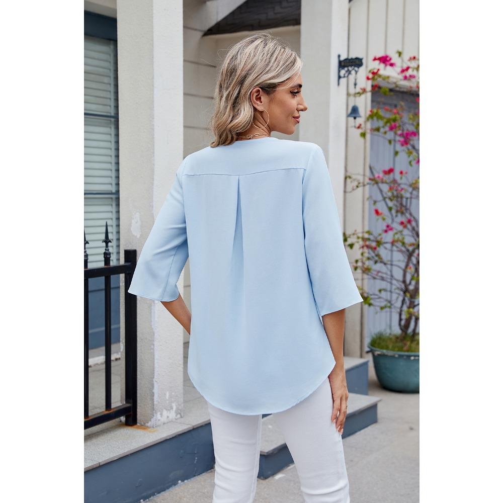 New, Hot-selling, Chiffon Shirt, Medium-sleeved V-neck Pleated Ruffle Edge Loose Women's Top