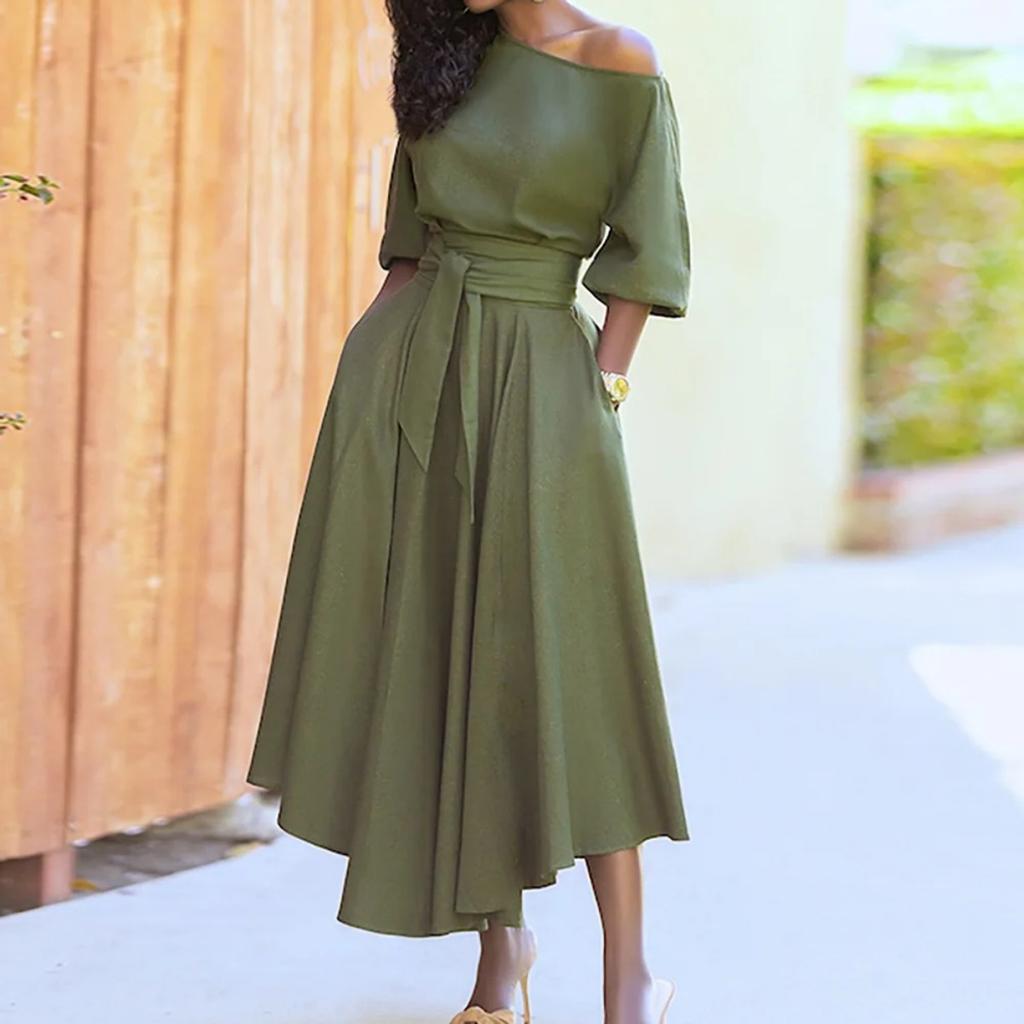 Elegant Women's Fashion Green Diagonal Neck Middle Sleeve Casual Dress Women's Casual Retro Long Dress