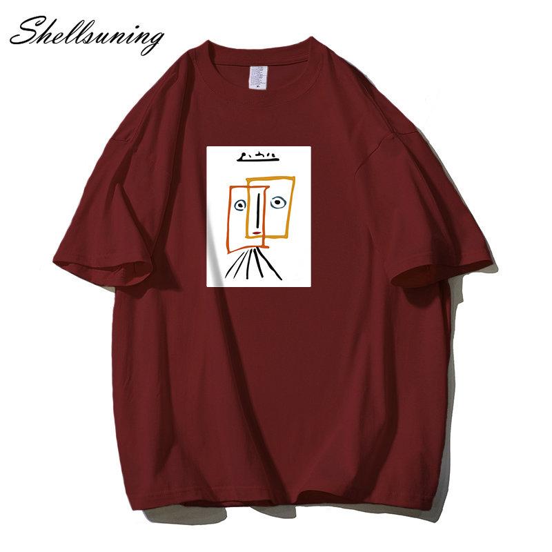 Shellsuning Cartoon Printing T-shirt Women Summer Fashion Casual Simple Short Sleeve 100% Cotton Soft Tees Female Oversized Basic Couple Tops